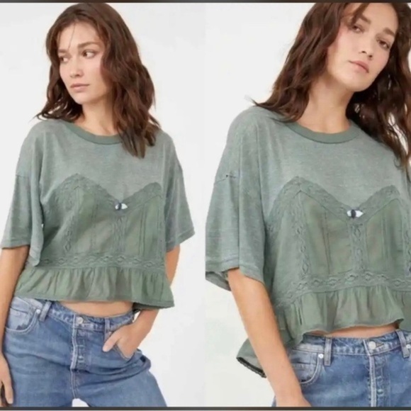 Nwt Free People Fall in Love Lace Inset Tee Medium - Picture 1 of 4